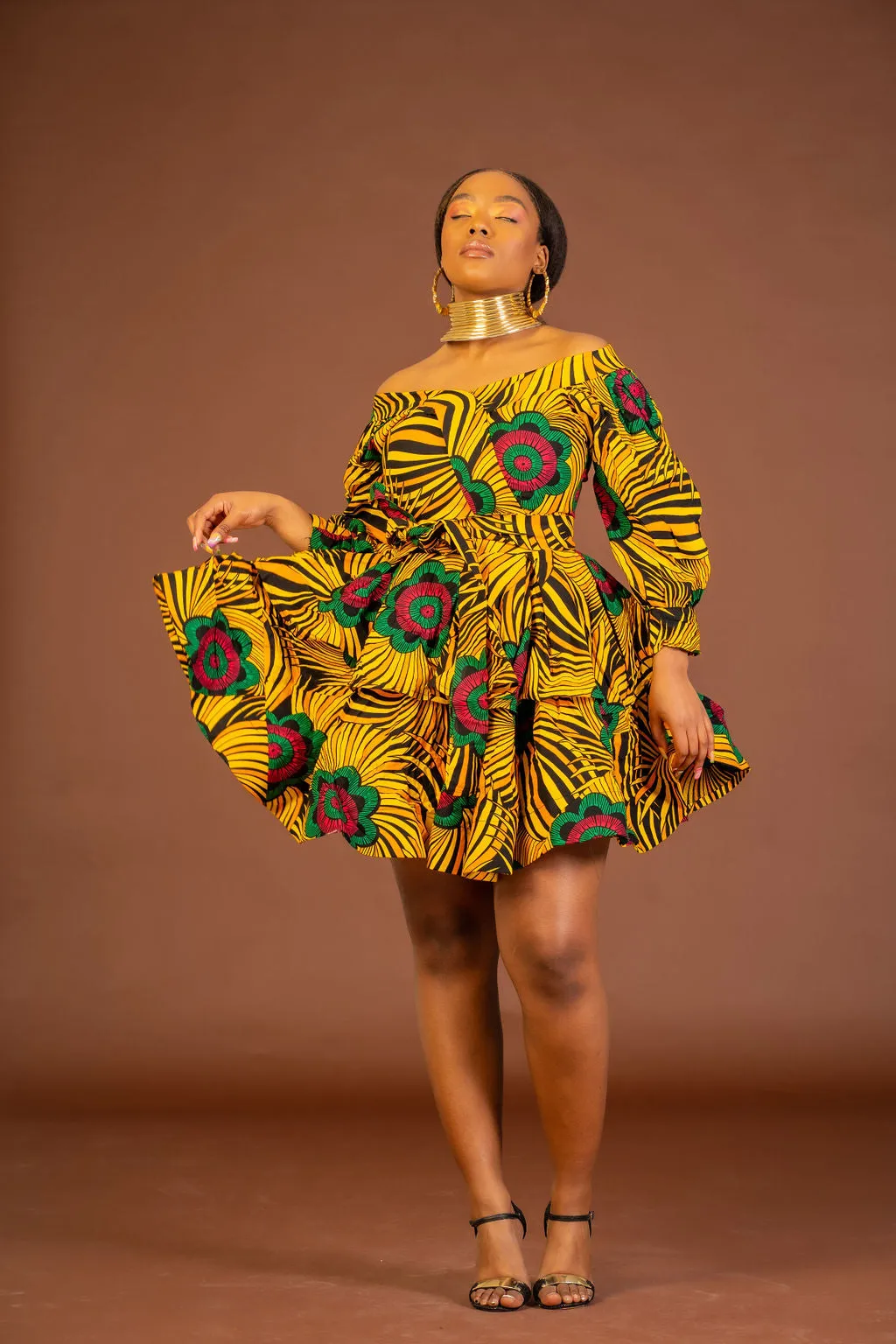 Abisoye Ankara short Midi Flare Dress | Yellow African Print