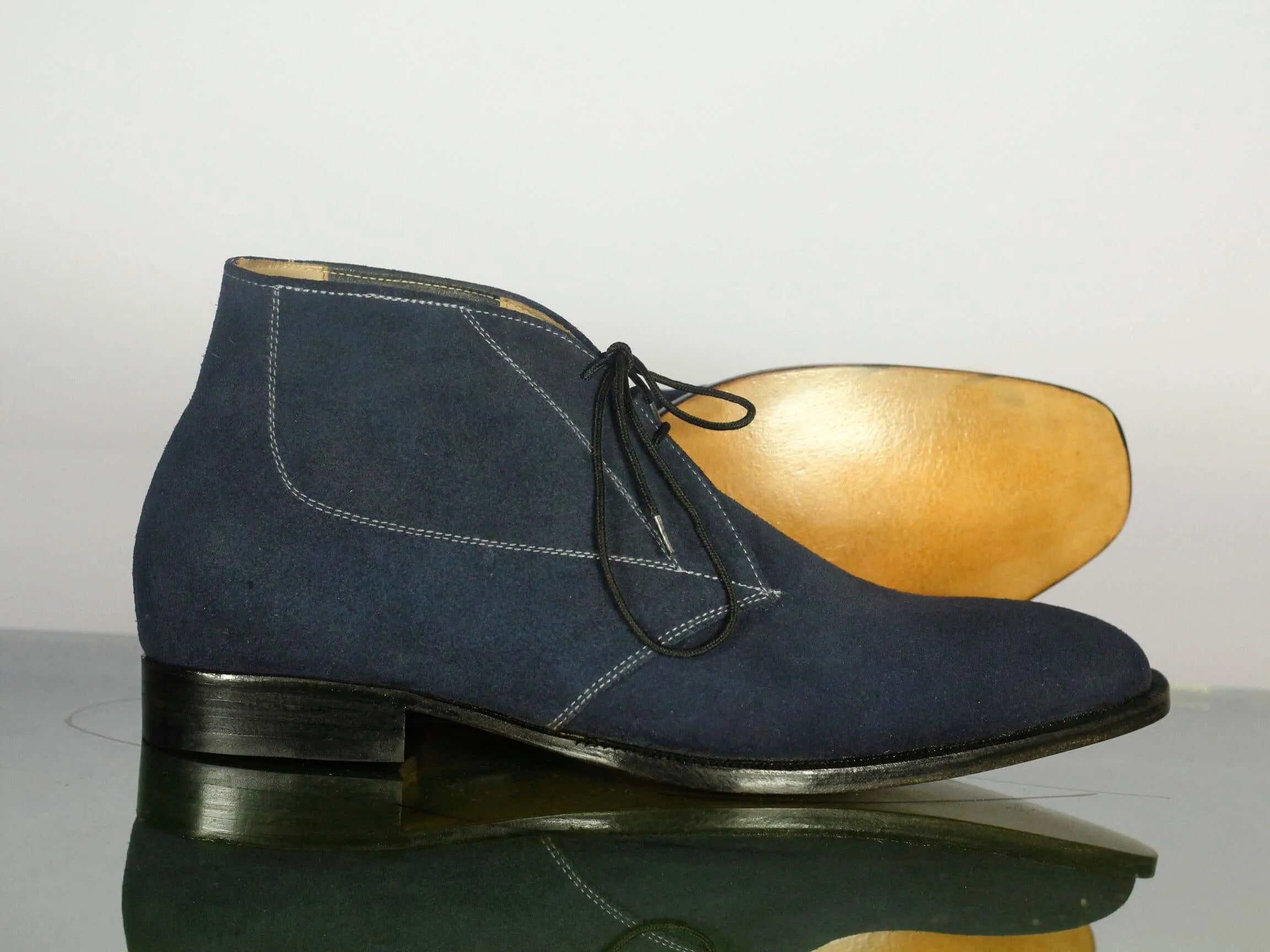 Handmade Half Ankle Blue Suede Lace up Boot, Men's Oxford Boot