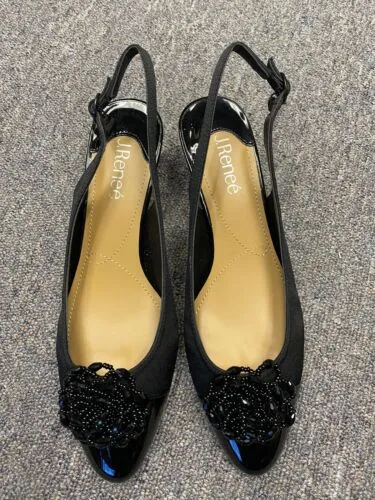 J. Renee Melucy Sz 8 W Slingback Pump Heel Beaded Detail Black Comfort