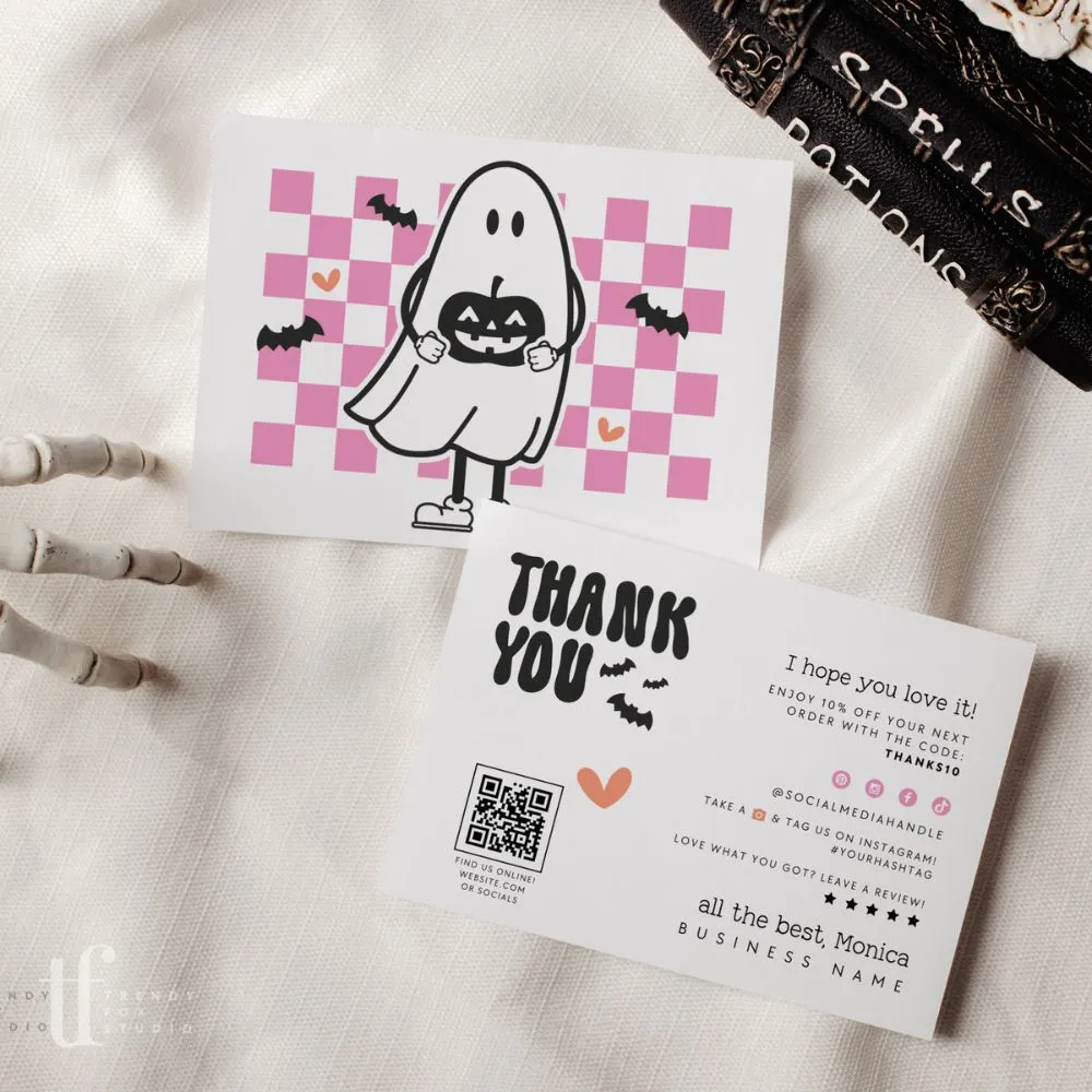 Retro Ghost Checkered Halloween Business Thank You Card Canva Template