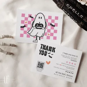 Retro Ghost Checkered Halloween Business Thank You Card Canva Template