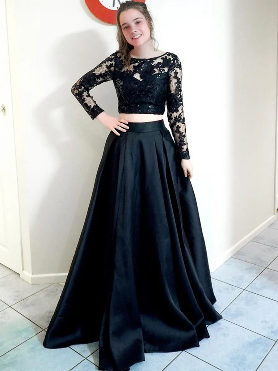Round Neck Long Sleeves Two Pieces Black Lace Long Prom, 2 Pieces Black Lace Formal Graduation Evening