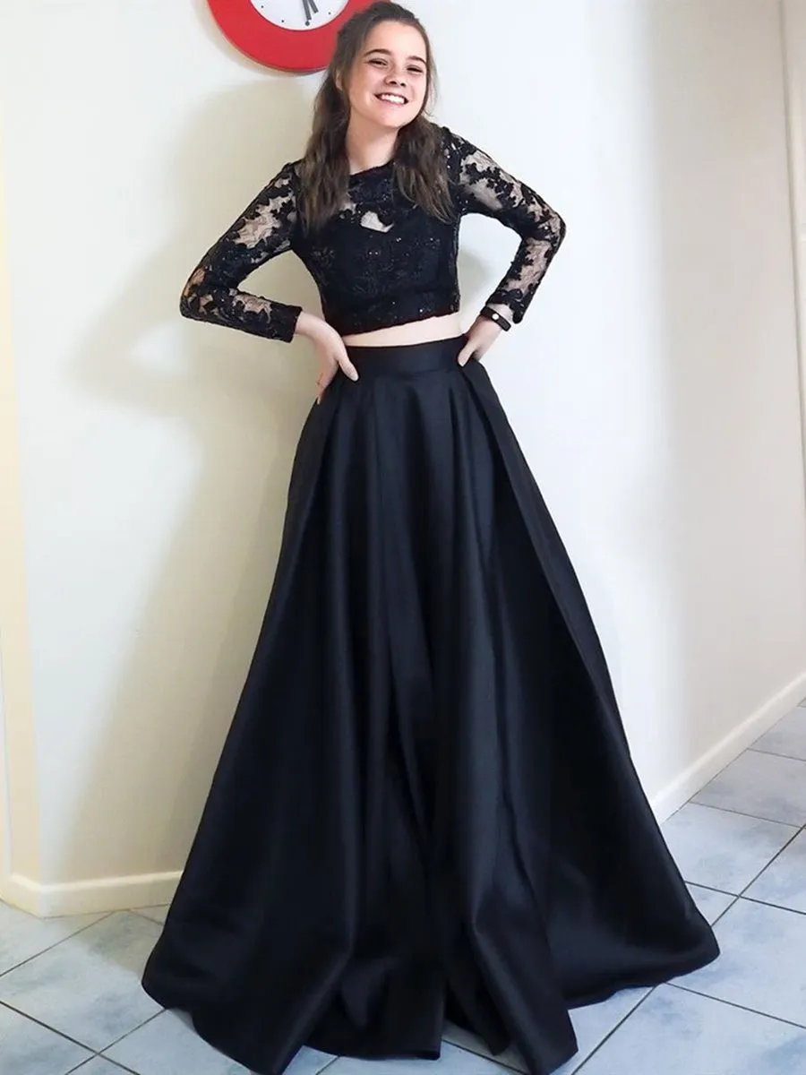 Round Neck Long Sleeves Two Pieces Black Lace Long Prom, 2 Pieces Black Lace Formal Graduation Evening