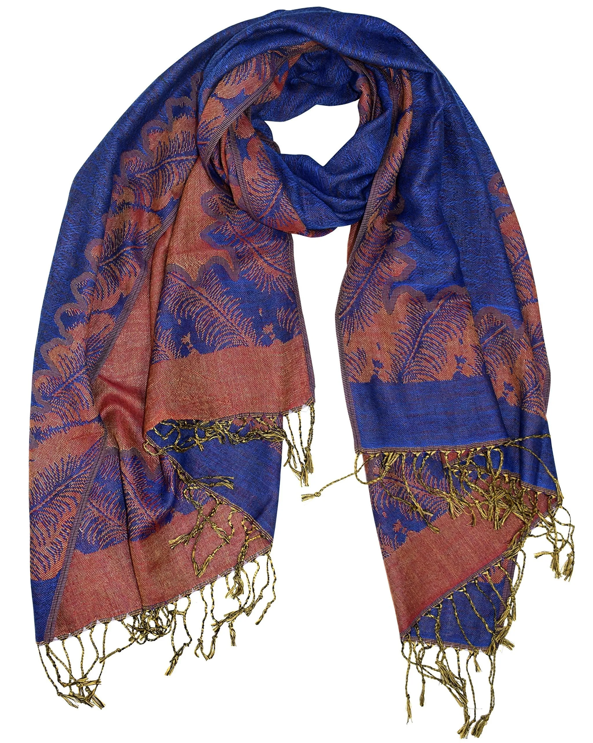Royal Blue/ Rust Peach Couture Women's Ravishing Reversible Jacquard Paisley Shawl Wrap Pashmina