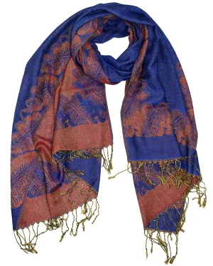 Royal Blue/ Rust Peach Couture Women's Ravishing Reversible Jacquard Paisley Shawl Wrap Pashmina