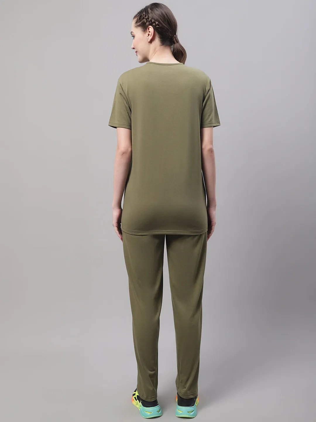 Vimal Jonney Olive Cotton Solid Co-ord Set Tracksuit For Women