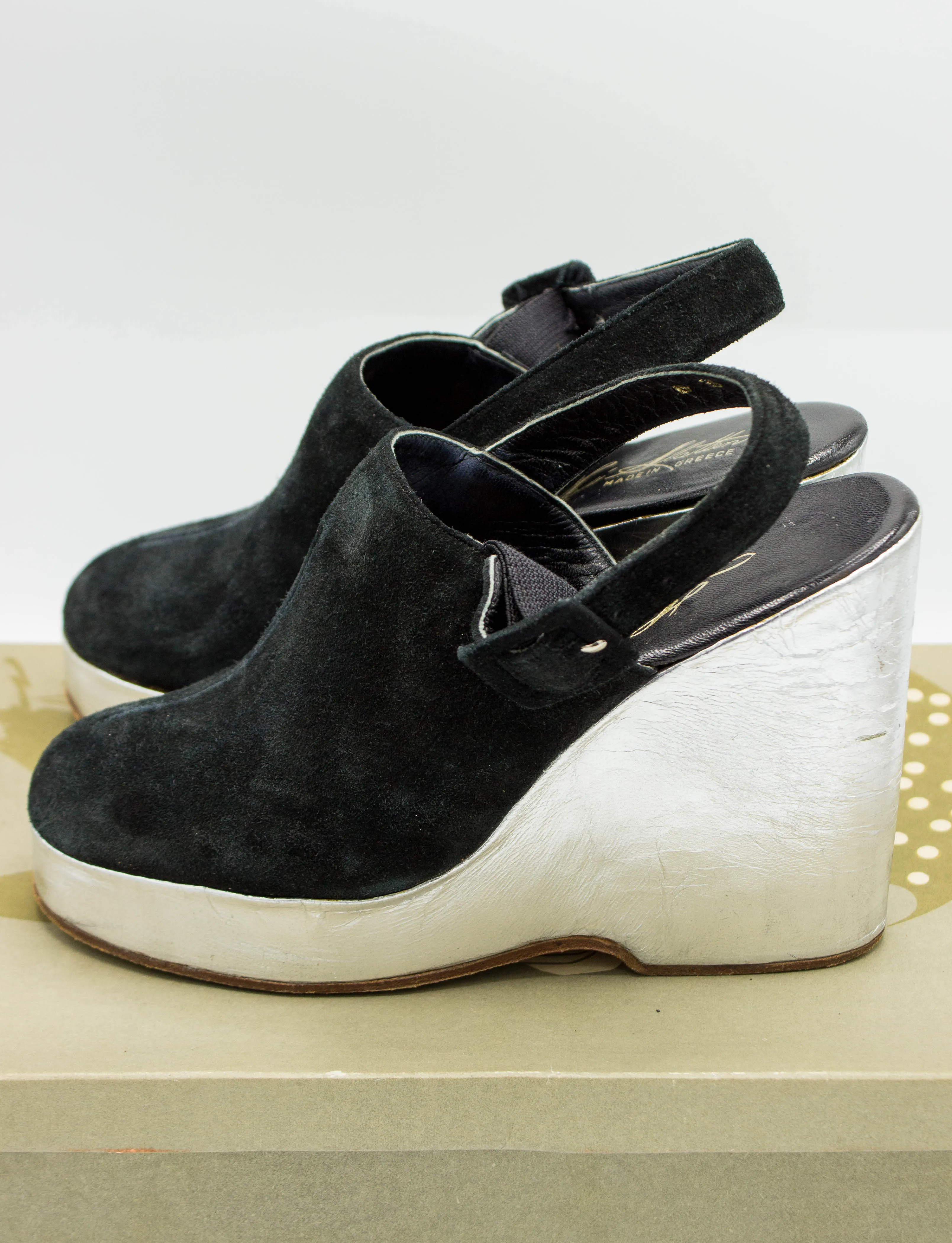 Vintage 70s Fred Slatten Black Suede and Silver Wedges Size 6
